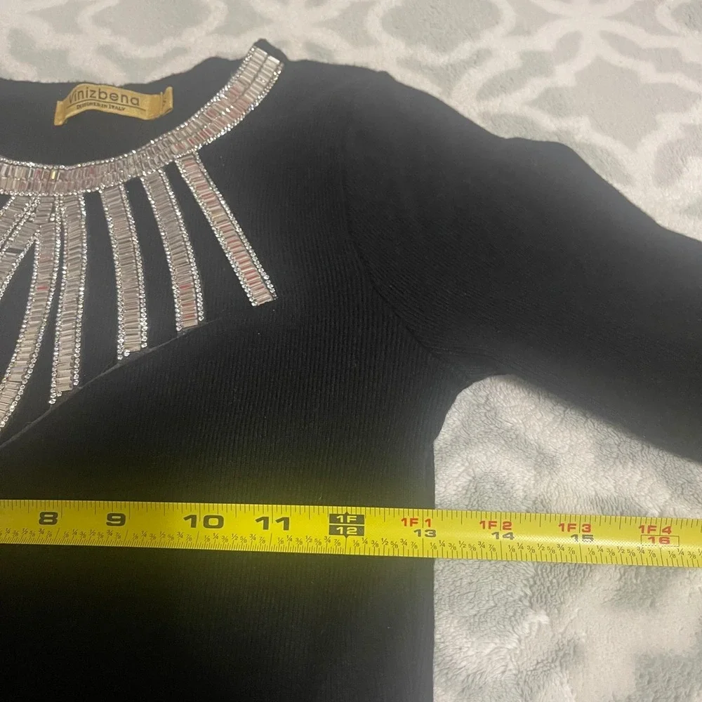 Vinizbena Black Embellished Neckline Long Sleeve Knit Top Women‎ Size S Italy